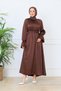 Brown Satin Belted Flounce Sleeve Hijab Maxi Dress - 3