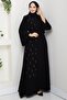 Belted Floral Stone-Embellished Black Ferace HM2853