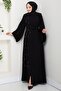 Belted Floral Stone-Embellished Black Ferace HM2853 - 2
