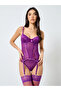 Women Lace Patchwork Bow Detail Corset Top with Briefs and Stockings Set - 2