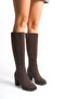 Brown Suede Women's Boots Thick Heeled Platform Zippered Below-The-Knee Boots Seli - 7