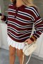 Women's Striped Buttoned Polo Neck Knitwear Sweater Burgundy