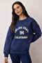 Lacivert Oversize/Geniş Kalıp Baskılı Yıkamalı Kalın İçi Polarlı  Örme Sweatshirt TWOAW26SW00249