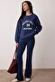 Lacivert Oversize/Geniş Kalıp Baskılı Yıkamalı Kalın İçi Polarlı  Örme Sweatshirt TWOAW26SW00249 - 2