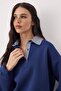 Lacivert Dokuma Garni Detaylı Oversize Kalıp Polo Yaka Kalın Polarlı Örme Sweatshirt TWOAW26SW00116 - 2
