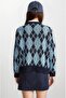 Navy Blue Argyle Patterned Long Sleeve Knit Sweater - 3