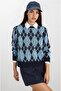 Navy Blue Argyle Patterned Long Sleeve Knit Sweater - 2
