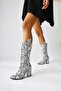 Leather White Snake Print Asymmetrical Cut Heeled Short Women's Boots - 3