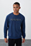 Indigo Print Embroidered O Neck Comfortable Form Men's Fleece Inside Sweatshirt - 88020 - 4