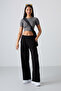 Black High Waisted Pocketed Comfortable Form Wide Leg Women's Tracksuit Bottom - 94567 - 7