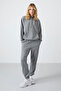 Gray Melange Hooded Kangaroo Pocket Comfortable Fit Elastic Cuff Women's Tracksuit Set - 95288