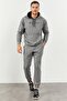 Gray Melange Hooded Kangaroo Pocket Elastic Cuff Men's Standard Fit Tracksuit Set - 85117 - 3