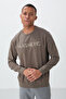 Dark Beige Text Embroidered O Neck Comfortable Form Men's Sweatshirt with Fleece Inside - 88020