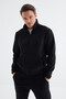 Navy Blue Half Zipper Stand Collar Rubber Leg Fleece Men's Tracksuit - 85159 - 2