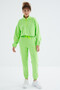 Pistachio Green Off-Shoulder Gathered Waist Half-Length Zippered Standard Fit Women's Tracksuit Set - 95321 - 5