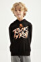 Black Printed Kangaroo Pocketed Hooded Standard Mold Boy's Sweatshirt - 11002