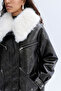 Long Coat with Fur Collar Looking Like Leather - 4