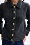 Women's Anthracite Polo Collar Buttoned Knitwear Cardigan - 3