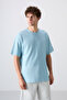 Light Blue Cotton Thick Surface Textured Oversize Fit Basic Men's T-Shirt - 88337 - 2