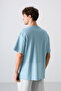 Light Blue Cotton Thick Surface Textured Oversize Fit Basic Men's T-Shirt - 88337 - 4
