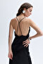 Women's Black Degaje Collar Backless Satin Long Dress - 3