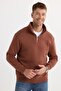 Unisex Relax Fit Comfortable Cut Cotton Fleece Lined Half Zipper Brown Stand Collar Sweatshirt - 6