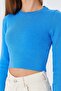 6727 Women's Crew Neck Crop Knit Sweater Blue - 4