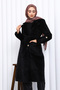 Black Double-Breasted Angora Coat with Collar and Sleeve Epaulettes - 3