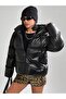 Women's Black Hooded Puffer Faux Leather Coat - 2