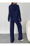 Navy Blue Hoodie Corded Fabric Fabric Wide Leg Bottom Top Set - 2