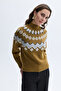 Women's Beige Jacquard Loose Fit Turtleneck Sweater