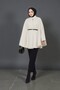 Women's Cream Nude Gold Brooch Buttoned Belted Mock Neck Gray Cashmere Hijab Tunic Long Poncho - 5