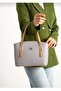 Women's Gray Tan Embossed Printed Just & Polo Patterned Zipper Closure Shoulder and Hand Bag