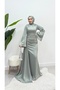 Bell Sleeve Tailed Satin Modest Evening Gown - 5