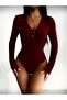Women's Burgundy Ribbed Buttoned Long Sleeve Bodysuit