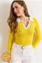 Women's Yellow White Color Block Polo Neck Cotton Stretchy Blouse Blz-19003104