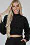 Women's Black Thick Hair Knit Half Turtleneck Crop Sweater