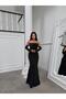 Black Satin Dress with Sleeve Detail and Stone Embellishment - 5