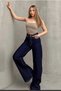 Camelia Women's Loose Stretch Fabric 90's Blue Dark Navy High-Waist Loose-Leg Denim Palazzo Pants - 4