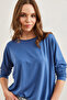 Women's Indigo Crew Neck Batwing Draped Viscose Blouse Blz-19002588 - 6