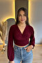 Sandy Fabric V-Neck Burgundy Blouse - 5