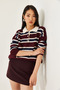 Burgundy Polo Neck Striped Women's Knitwear Sweater - 2