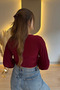 Sandy Fabric V-Neck Burgundy Blouse - 4
