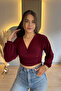 Sandy Fabric V-Neck Burgundy Blouse - 6