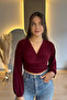 Sandy Fabric V-Neck Burgundy Blouse - 3