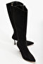 Selecto Women's Black Suede Zippered Heeled Long Boots Pointed Toe Vegan Leather - 4