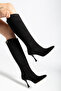 Selecto Women's Black Suede Zippered Heeled Long Boots Pointed Toe Vegan Leather - 3