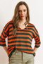 Women's Emerald Green V-Neck Striped Short Sleeve Knitwear Blouse Blz-19002837 - 5