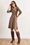 Women's Brown Button Detailed Double-Breasted Midi Bell Dress Elb-19002031