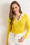 Women's Yellow White Color Block Polo Neck Cotton Stretchy Blouse Blz-19003104 - 3